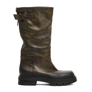Elena Iachi Mid-Calf Aged Leather Boots With Chunky Lug Sole - NWT